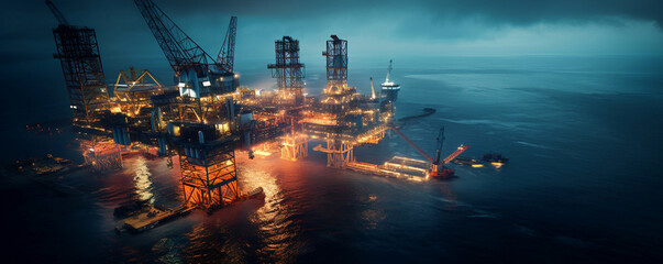 Offshore Oil station in sea and Oil production at evening time