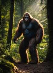 Bigfoot, sasquatch, moody lighting, in a dark forest, best quality, full body portrait, real picture, intricate details, depth of field, Fujifilm XT3, outdoors, RAW photo, 8k uhd, film grain, unreal e