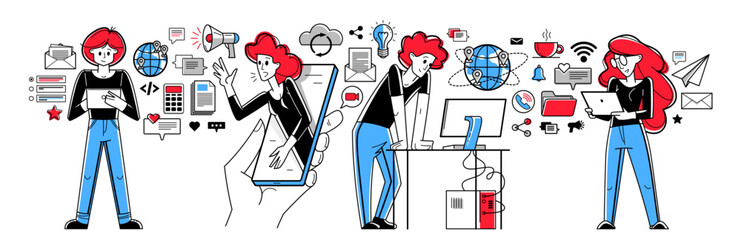 Working online team doing some creative job vector outline illustration, remote virtual working freelancers or a part of coworking team.