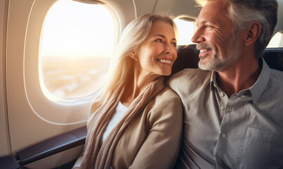 Happy smiling aged couple is flying in an airplane in first class, travel relax and recharge