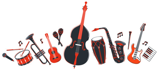 Jazz music band concept different instruments vector flat illustration isolated on white background, live sound festival or concert, musician different instruments set. - obrazy, fototapety, plakaty
