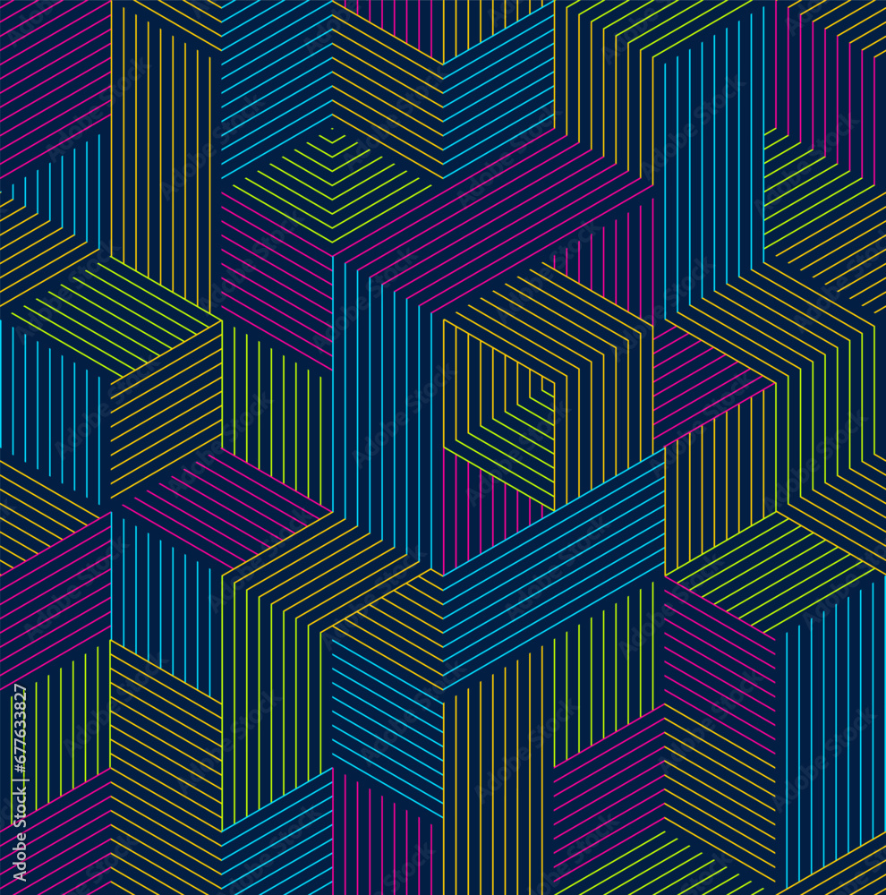Poster geometric 3d seamless pattern with lined cubes, stripy boxes blocks vector background, architecture 