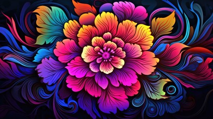 Fototapeta na wymiar a multicolored flower on a black background with swirls and swirls on the bottom of the flower and the center of the flower on the bottom of the flower. generative ai