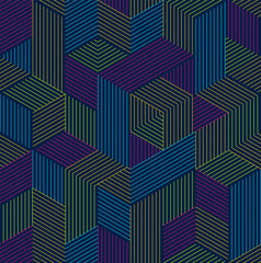 Geometric 3D seamless pattern with lined cubes, stripy boxes blocks vector background, architecture and construction, wallpaper design.