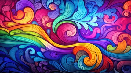  a colorful abstract painting with swirls and waves on a black background with a red, yellow, blue, green, pink, purple, and orange color scheme.  generative ai