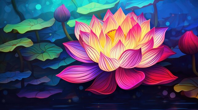  a painting of a pink and yellow flower in the middle of a body of water with lily pads on both sides of the flower and a blue background with green leaves.  generative ai
