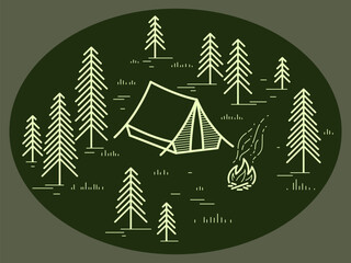 Fototapeta premium Camping tent in pine forest vector linear illustration on dark, holidays and vacations in woods theme line art drawing, design wanderlust.