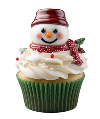 Fototapeta premium Snowman cupcake christmas cake muffin xmas winter isolated on transparent background. cutout, PNG file. for product presentation. banner, poster, card, t shirt, sticker