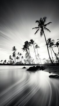  a black and white photo of a beach with palm trees in the foreground and a body of water with rocks in the foreground and a line of palm trees in the background.  generative ai