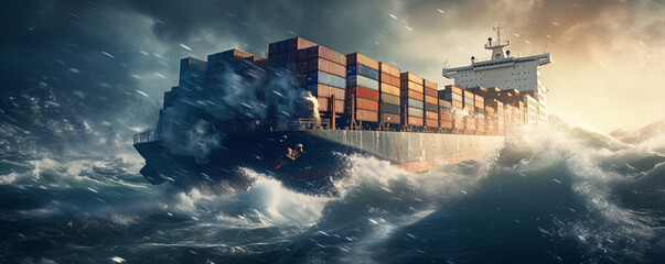 Cargo ship liner with containers on board in storm sea under sun - obrazy, fototapety, plakaty