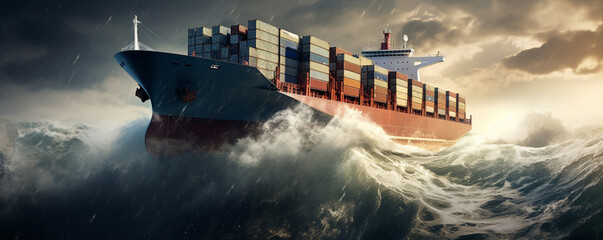 Cargo ship liner with containers on board in storm sea under sun