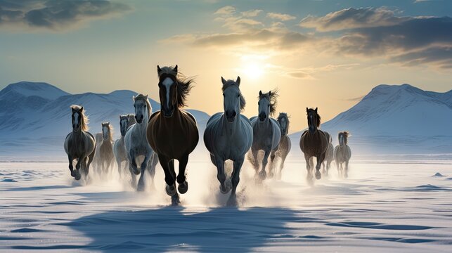  a group of horses running across a snow covered field with mountains in the background in the distance, with the sun shining through the clouds in the sky overcast sky.  generative ai