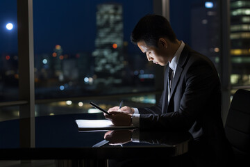 Fototapeta premium Business man working on mobile tablet computer on desk in office at night