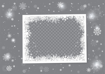 Christmas photo snow frame template with snowfall - obrazy, fototapety, plakaty