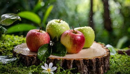 red and green fresh apples on wood