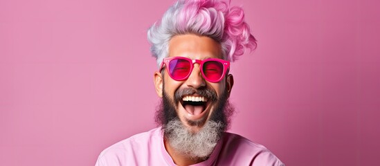 The young hipster model with vibrant pink hair and a stylish fashion sense had a happy smile on his face as he embraced his unique background and expressed his fun and colorful lifestyle th - obrazy, fototapety, plakaty