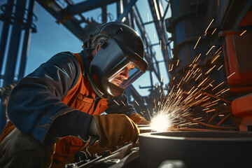 Precision Welding Skilled Worker Expertly Repairs Metal Structures on Offshore Oil Plant Amidst Industrial Landscape. created with Generative AI