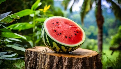 watermelon on wood with green background