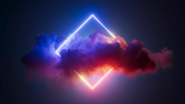 cycled 3d animation, abstract neon geometric background. Glowing rhombus frame inside the spinning colorful cloud. Futuristic minimalist animated wallpaper