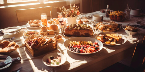 Naklejka premium modern Christmas party celebration with dinner meal on table in big villa, sunlight