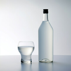 日本酒・焼酎・ジン・ウォッカ等の透明な酒（ラベルのないボトルとグラス）