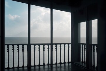 balcony with a large window and a balustrade overlooking the sea, black and white photography