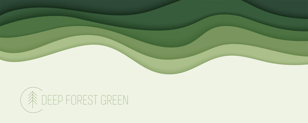 Deep forest green waves, paper art banner. Nature greenery color poster template in papercut style. Vector illustration EPS 10. - obrazy, fototapety, plakaty