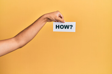 Hand of caucasian man holding paper with how? word over isolated white background