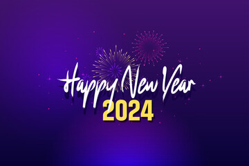 Happy New Year 2024 3d lettering illustration with firework display celebration glowing colorful spotlight vector background