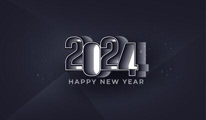 Happy New Year 2024 3d paper art lettering with geometric shapes black effect abstract vector background  - obrazy, fototapety, plakaty