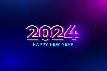 Happy New Year 2024 neon light glowing colorful vector with realistic trendy spotlight effect party background