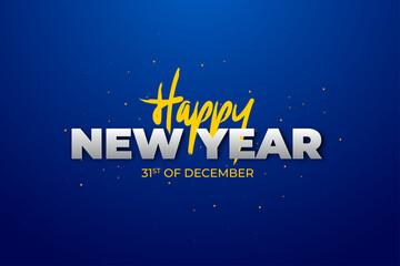 Happy New Year festive greeting 3d modern minimalist lettering calligraphy with glowing colorful spotlight celebration explosions on dark vector background