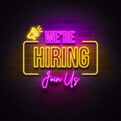 minimal neon light glowing job recruitment vacancy social media we are hiring post design abstract vector template 