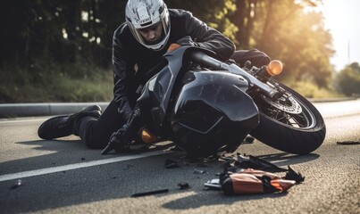 Man on Motorcycle Resting After Accident - obrazy, fototapety, plakaty