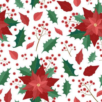 pattern composition of poinsettia leaves and flowers with red berries on a branch
