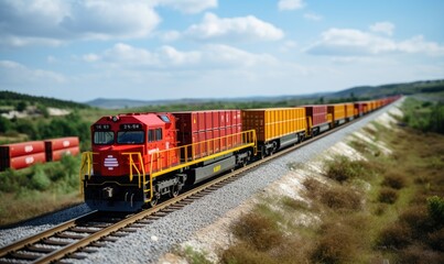 Fototapeta na wymiar Train Journey: Vibrant Red and Yellow Train Speeding Through Scenic Railway Tracks