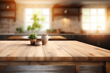 Fototapeta na wymiar Wooden table in modern kitchen closeup space for selective focus text. mock up