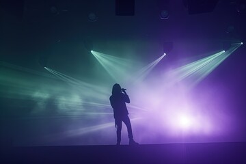 Silhouette of young man standing and singing on a concert stage, background of smoke and purple lights.