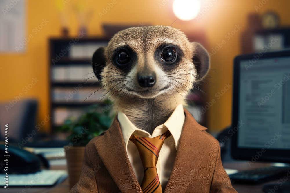 Poster a professional meerkat dressed in a suit and tie, working at a computer. perfect for business and of