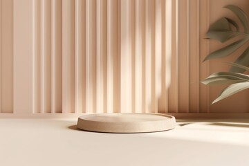 3D background, wood pedestal podium on natural tree leaf shadow pastel beige backdrop. Nature product promotion Beauty cosmetics wooden display. Nude Studio Minimal showcase 3D render, Generative AI