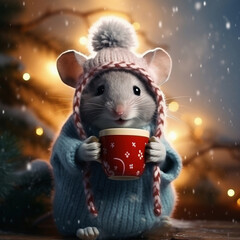 Cute little mouse with cup of hot drink on christmas background