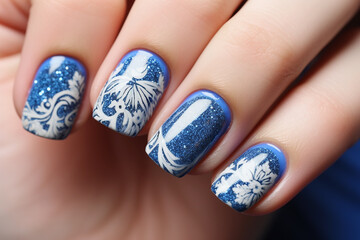 Christmas manicure on women's hands with blue and white colors and with holiday design - obrazy, fototapety, plakaty