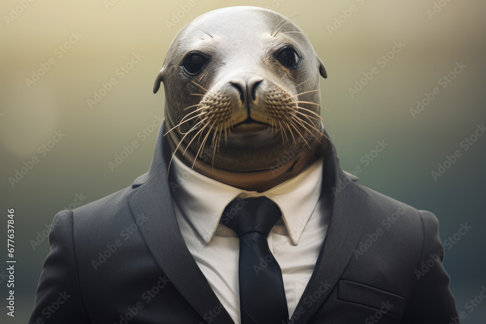 Poster a picture of a seal wearing a suit and tie. perfect for business or formal event concepts.