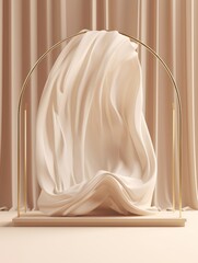 3D background. Beige podium, display mockup. Silk cloth in motion. Gold arch frame for Beauty, product, cosmetic presentation. Feminine scene with pedestal. 3d, Generative AI