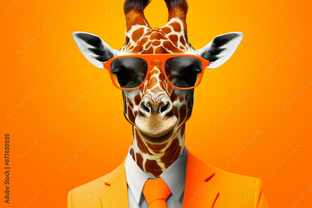 Poster A picture of a stylish giraffe wearing sunglasses and a suit. This image can be used to add a touch of humor and uniqueness to various design projects