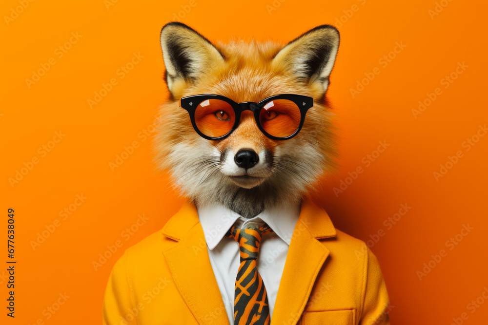 Poster A picture of a fox dressed in a suit and wearing glasses. This image can be used to represent a clever and stylish character or to add a touch of sophistication to any project.