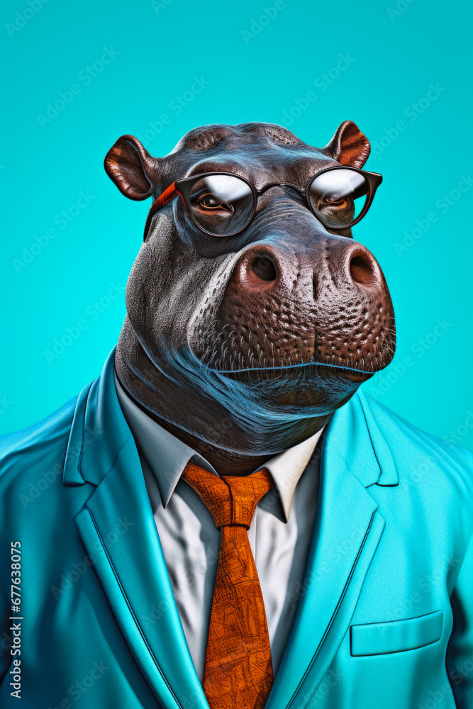 Poster a picture of a hippo dressed in a formal suit and tie. this image can be used to depict a humorous o