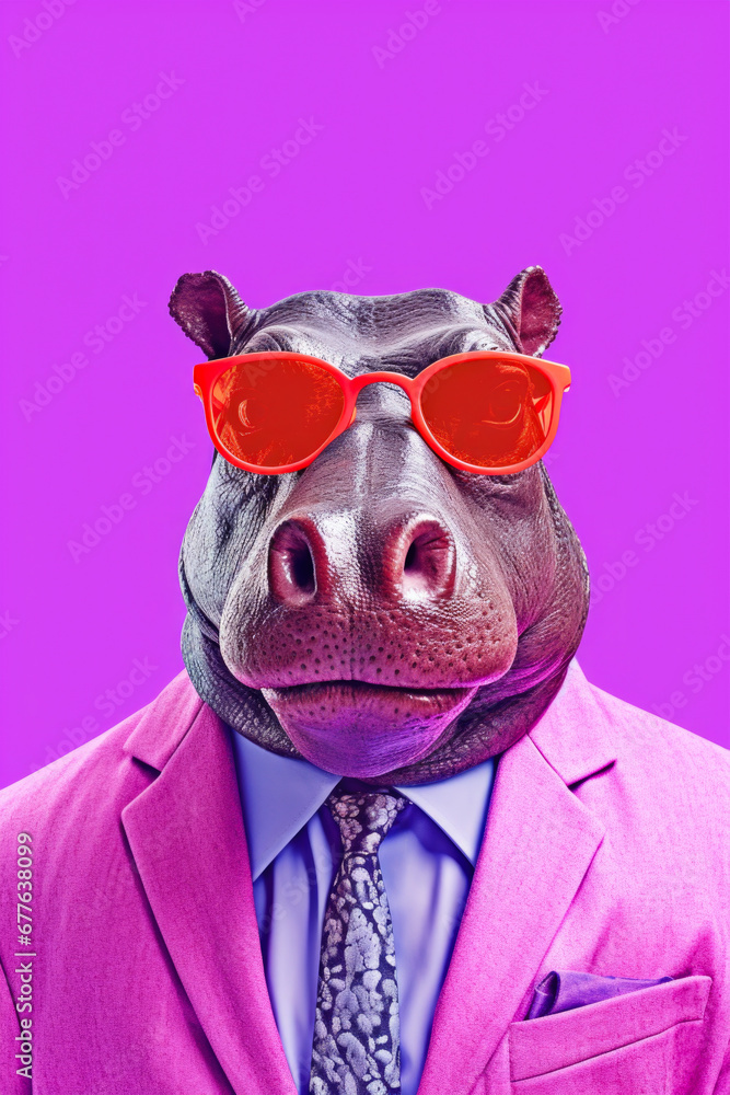 Poster a picture of a stylish hippo wearing sunglasses and a suit. this image can be used to add a touch of