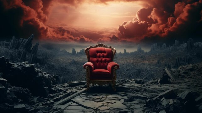AI-generated illustration of a red armchair against a backdrop of a destroyed city
