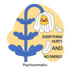 Psychosomatics. Neurosis, chronic stress and anxiety mental disorder. Sad flower suffering from pain and low energy. Flat vector illustration